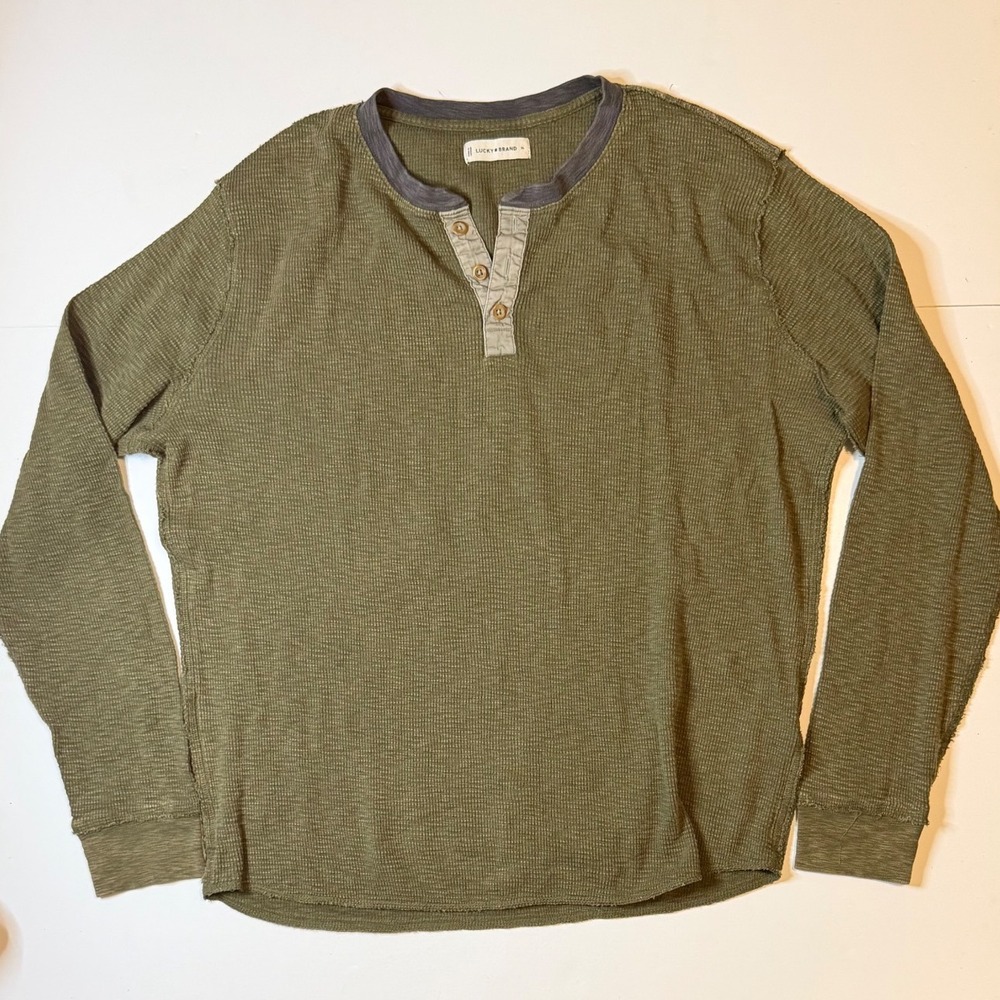 Lucky Brand Henley Shirt Mens XL Green Waffle Knit Long Sleeve Cotton Blend